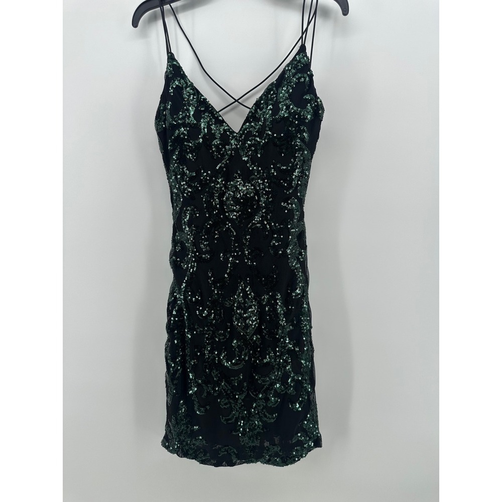 Windsor Emerald Green Sequin Damask Mini Dress Black Open Back V-Neck Small